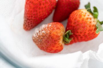 Fresh and Moldy Strawberries in a Glass Bowl on a White Napkin
