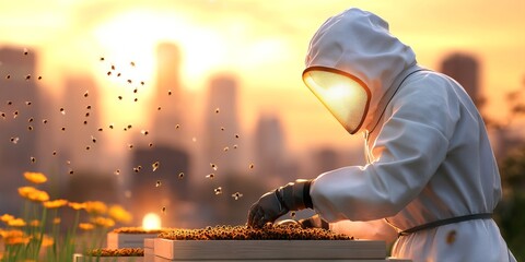 A Beekeeper In Protective Gear Tending To Beehives On A City Rooftop