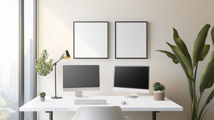 Fototapeta premium Stylish Office Setup With Dual Monitors Potted Plants And Vertical Frames