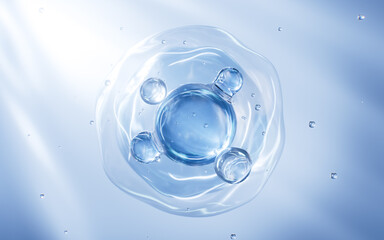 Abstract blue glass spheres, blue cells and molecules, 3d rendering.