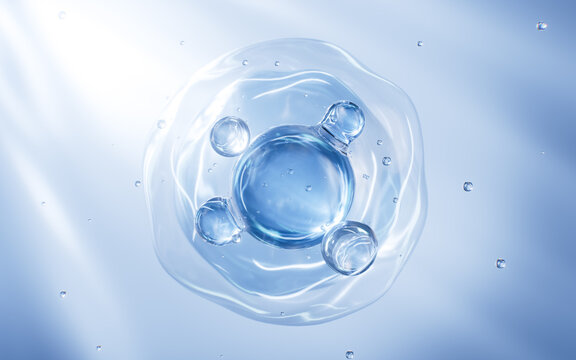 Abstract blue glass spheres, blue cells and molecules, 3d rendering.