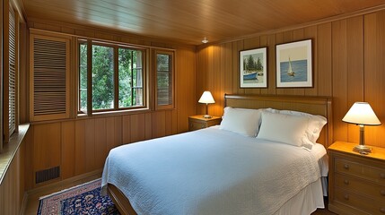 This cozy bedroom features white wood paneling and a soft blue and cream color palette, highlighted by a floral duvet cover and vintage coastal decorations