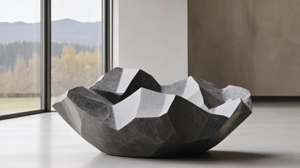 A solid stone sculpture with smooth curves stands prominently in an office lobby, enhanced by natural light that creates intriguing shadows and highlights