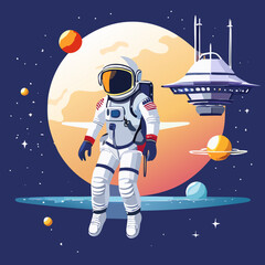 Astronaut in spacesuit and flying saucer. Vector illustration © Waseem