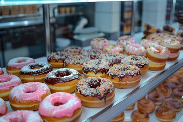 Colorful selection of freshly made gourmet donuts in a bakery display case