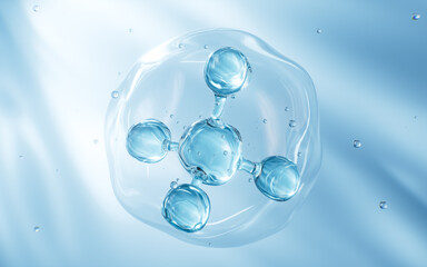 Blue glass spheres, abstract molecules, 3d rendering.