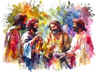 Fototapeta premium Artistic watercolor of Jesus at the wedding at Cana highlighting the transformation of water into wine