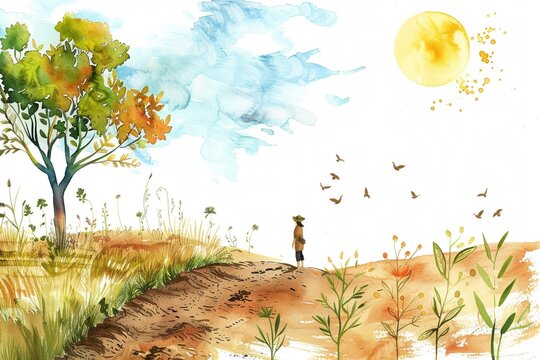 Artistic watercolor of the Parable of the Sower with seeds and soils