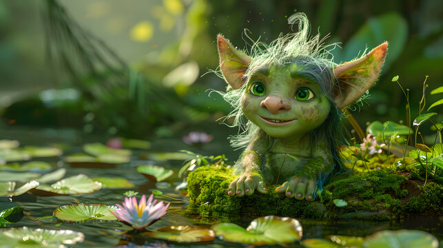 A small green troll with oversized ears and gleeful eyes, sliding down a moss-covered slider into a forest pool filled with lily pads and flowers