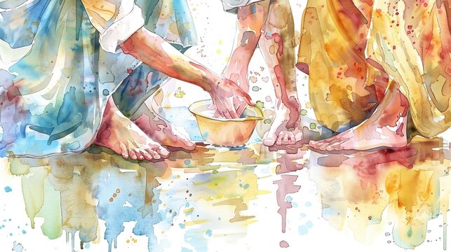 Detailed watercolor of Jesus washing the disciples feet symbolizing humility and service
