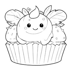 coloring book, coloring, outline, line, cute, funny, drawing, icon, illustration, vector, black, cover book, book, cartoon, cupcake, cake, food, dessert, birthday, muffin, bakery, baked, snack, delici