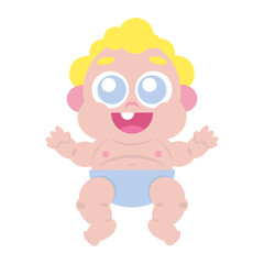 Cute baby with large wide open blue eyes, curly blond hair, happy expression big smile with one teeth and wearing blue diaper. Vector cartoon illustration isolated on white	