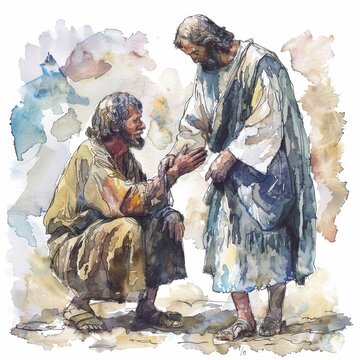 Watercolor illustration of Jesus and the leper a moment of healing and mercy