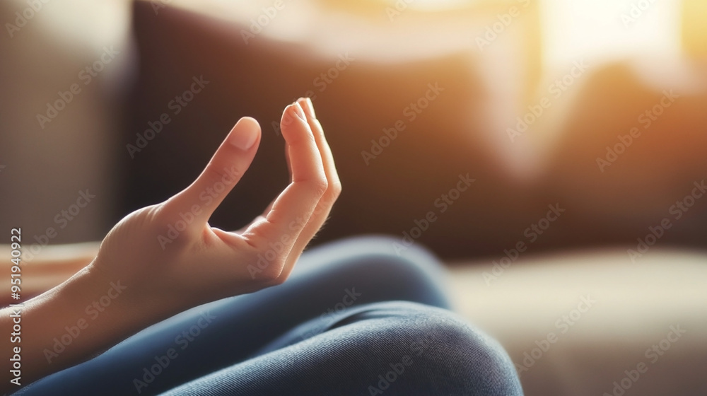 Canvas Prints close-up of a person meditating with a hand in a relaxed gesture, bathed in warm sunlight