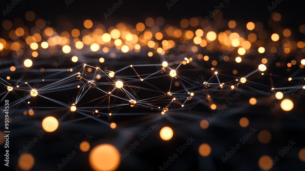 Sticker abstract network of glowing particles against a dark background at night