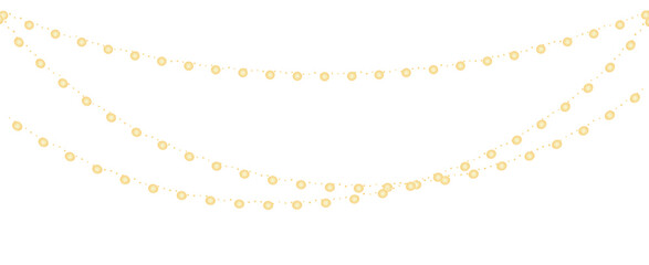 Christmas lights garland. Xmas party hanging glowing yellow light bulbs with sparkles. Winter holiday season element isolated on transparent background.