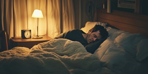 Cozy bedroom scene with a man asleep under soft blankets, warmly lit by a bedside lamp