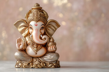 A statue of Lord Ganesh sitting on an elaborate throne.