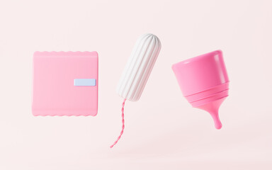 Cartoon menstrual cup, menstrual pad and tampons , female products, 3d rendering. © 婷婷 季