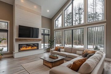 Fototapeta premium modern living room with fireplace and floor-to-ceiling windows