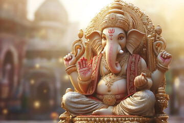 Fototapeta premium A statue of Ganesha, the Hindu deity, set against the backdrop of a temple’s architecture.