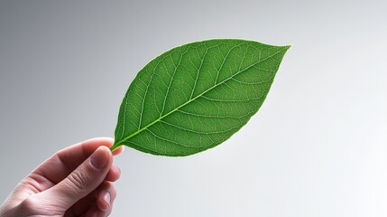 A hand holding a leaf with detailed vein patterns, surrounded by a luminous, minimal background, highlighting the fresh, organic texture