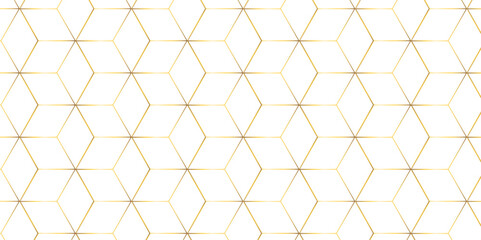 Abstract seamless pattern with square hexagon tile and cube grid mosaic honeycomb diamond triangle structure shape isometric gold line block wallpaper.	
