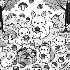 Obraz premium かわいい動物たちが栗やどんぐりを収穫