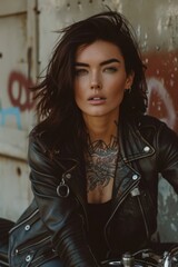 Fototapeta premium The model showcases intricate tattoos while wearing a fitted leather jacket. She exudes confidence and style, with an urban environment enhancing the edgy look