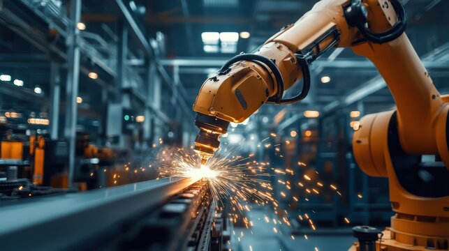 Metal being welded by a robotic arm with sparks flying in an industrial environment