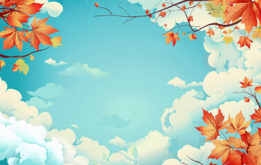 Vector illustration of an autumn background with maple leaves and clouds. The branch is made up only by yellow, red and orange fall foliage on the blue sky background.
