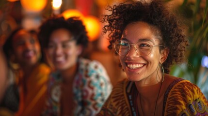 Fototapeta premium Happy Woman with Curly Hair Wearing Glasses and Colorful Blouse