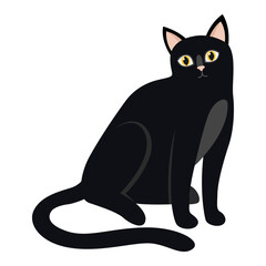 Black domestic cat. Cat silhouette, elegant black cat. Black witch Halloween cat. Vector illustration isolated on white.