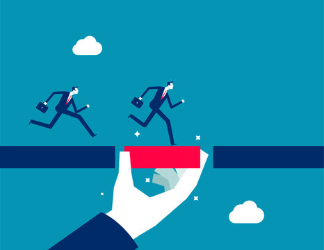Connect the bridge to help and support team to success. Giant manager hand help connect missing piece as the bridge for team members to cross the gap. Solution or assistance concept