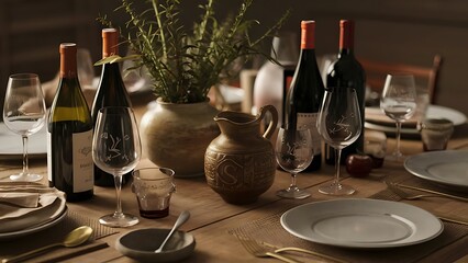Bottles of wine, wine glases, vase with green plants and jug on wooden surface