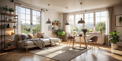 Fototapeta premium Whitespaceremodeling minimalist Scandinavianinspired studio apartment rendering subtle daylight pouring through floor ceiling 