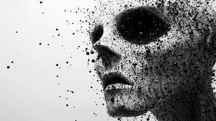 Skull dissolving into particles on a monochrome background