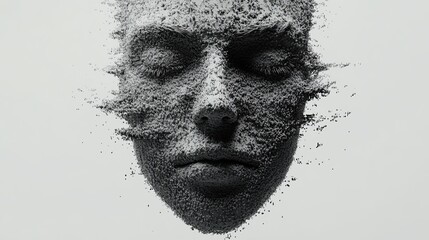 Expressive portrait of a serene face dissolving into particles