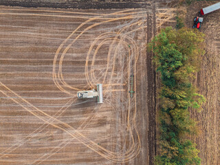 Aerial view Harvesting agricultural field with heavy machinery. The combine removes the header and installs it on the trailer, the tractor with the trailer takes the harvested crop from the field