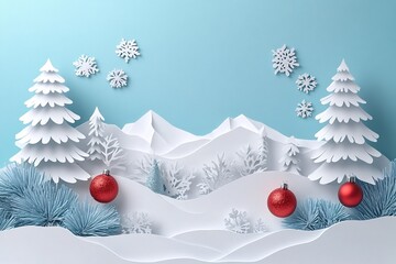 Paper Cut Style Christmas Composition with Holiday Decorations and Winter Landscape
