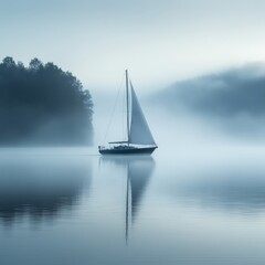 Serene Sailboat Reflected on a Misty Morning Lake
