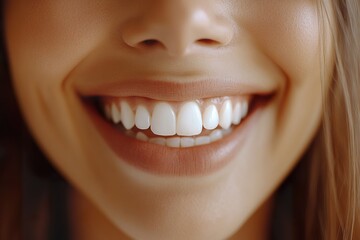 Fototapeta premium Promoting Dental Hygiene with a Smile Touching Chin and Displaying Clean White Teeth