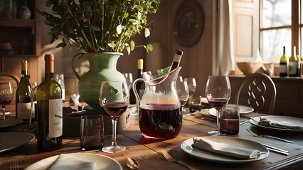 Bottles of wine, wine glases, vase with green plants and jug on wooden surface