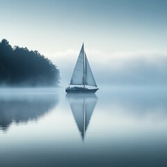 Serene Sailboat Reflected on a Misty Morning Lake