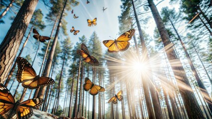  forest with bright sun rays and flying butterflies