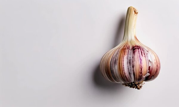 Single garlic bulb on white background, top view
