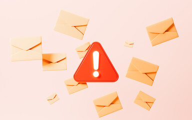 Emails with warning signs, junk mail, important mail, 3d rendering.