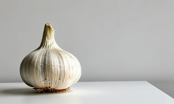Single garlic bulb on plain white background