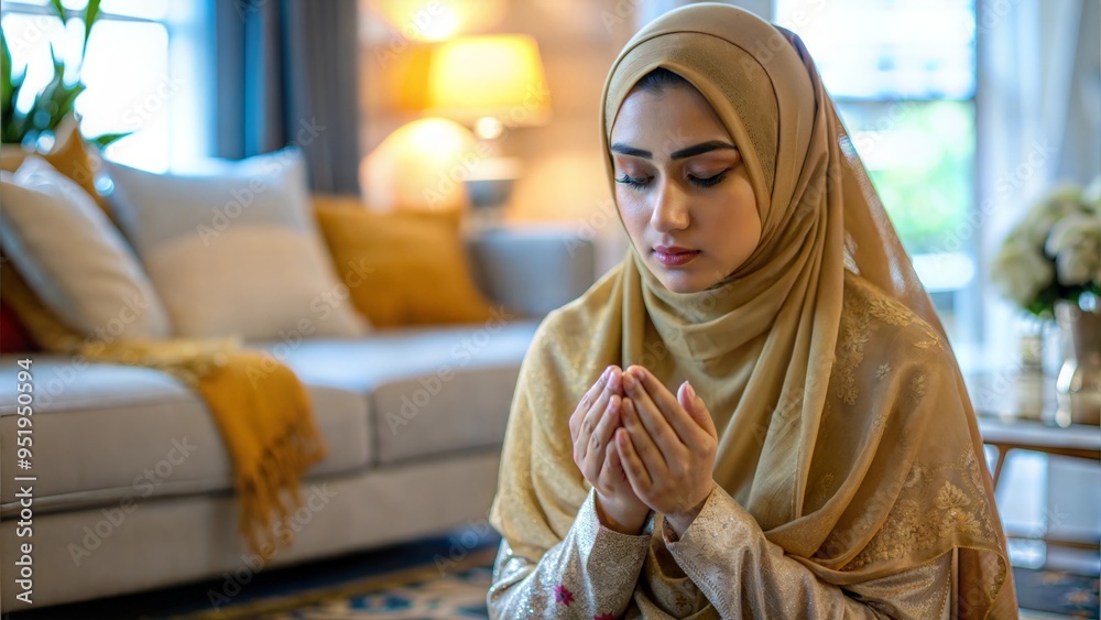 Wall mural a reflective of a muslim woman praying at home, captured in a private and serene setting.