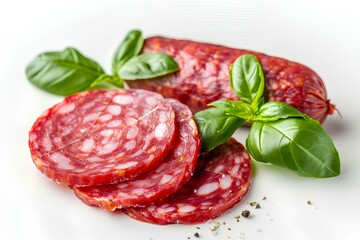 A white plate topped with slices of salami